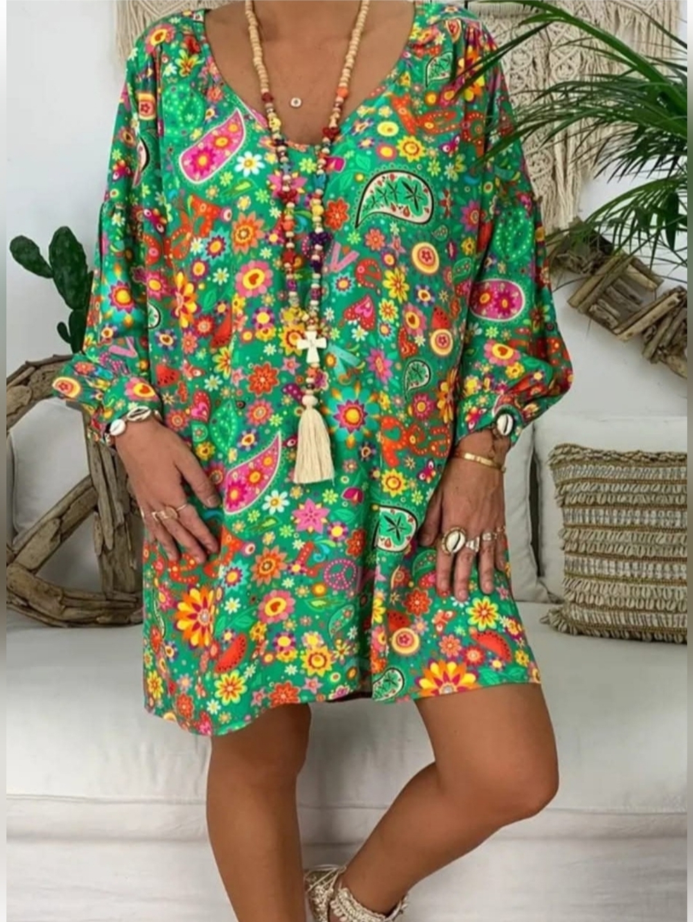 Shein 4X Vibrant Green Boho Hippie Paisley Floral Mini Dress 3431-AB